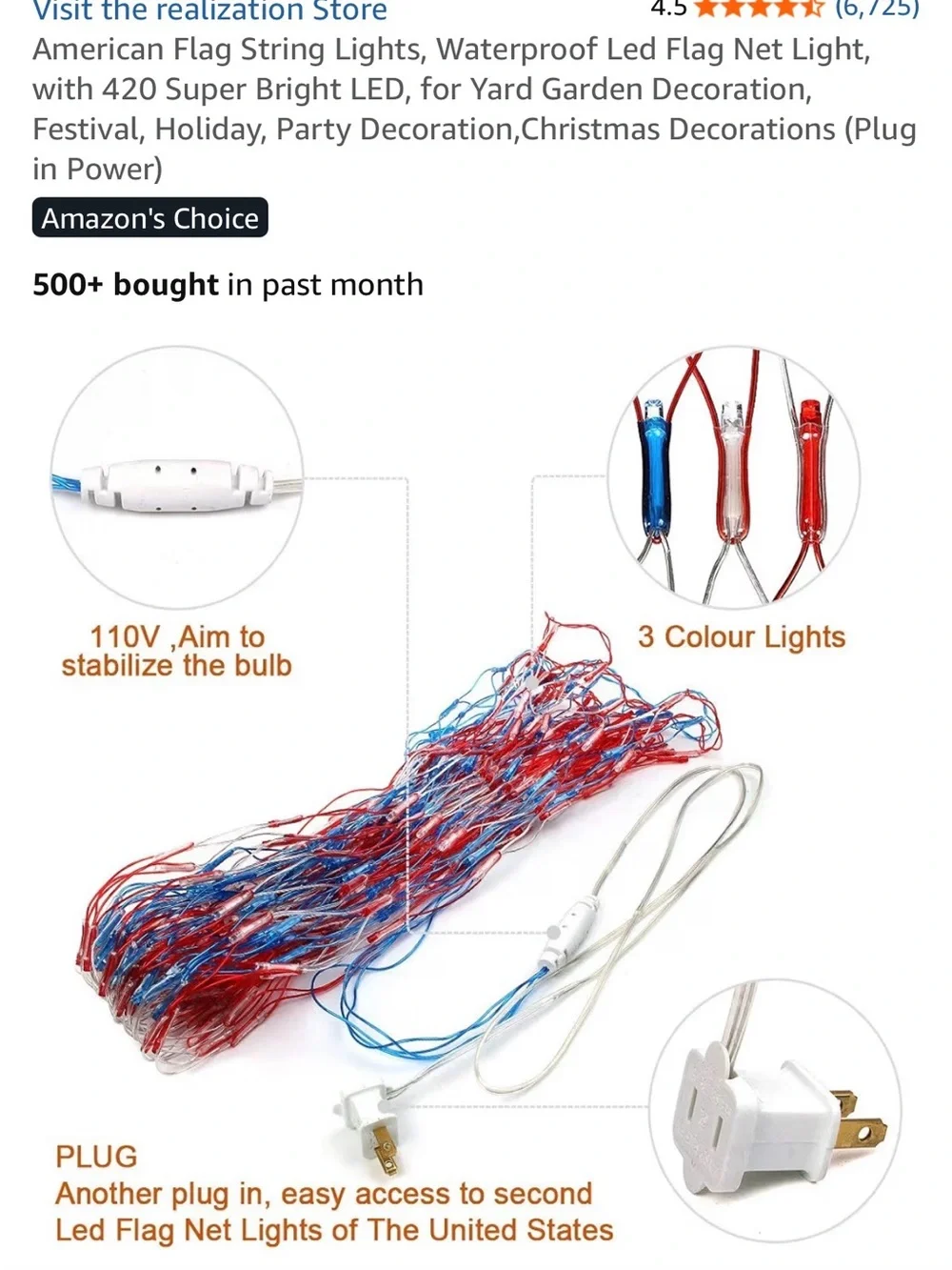 American Flag LED String Lights - Red, White & Blue -